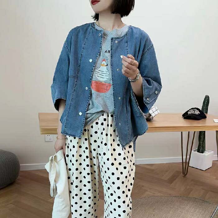 ジャケット レディース デニム ノーカラー シャツ 長袖 ジャケット デニム カーディガン ノーカラー 薄手 春 秋 着痩せ 体型カバー シンプル カジュアル おしゃれ ゆったり 着回し
