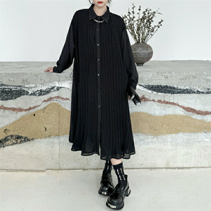 Pleats - プリーツシャツワンピース レディース 長袖 襟付き ロングワンピース シャツワンピ ロングシャツ ギャザー ドロップショルダー 前開き 羽織り ビッグシャツ変形デザイン 個性的 モード系 メンズ ユニセックス 体型カバー カシュクール きれいめ 上品 フォーマル