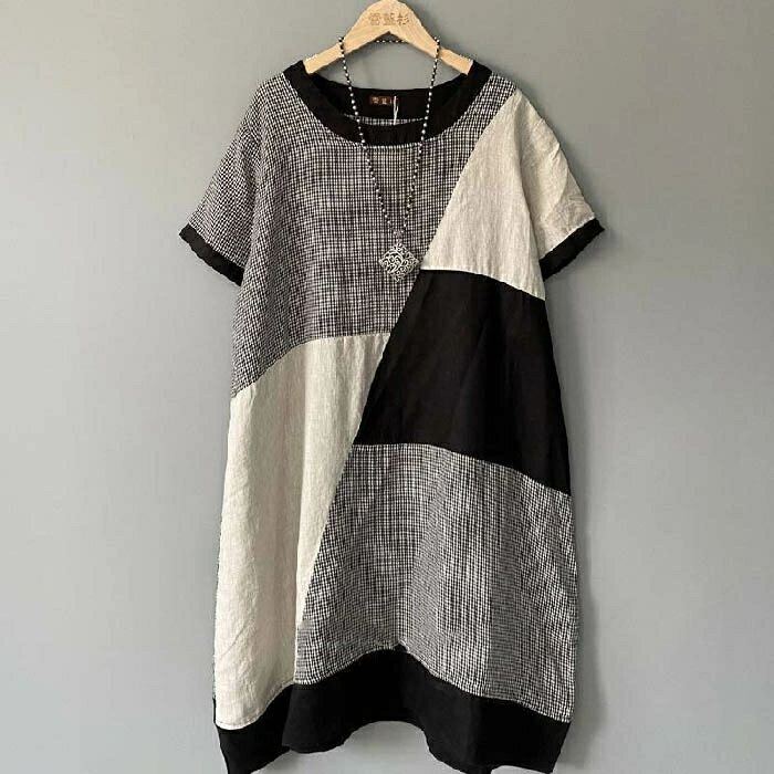 チュニック ワンピース レディース 春 夏 半袖 チュニック チェック プルオーバー バイカラー Aライン チュニック 配色 ゆったり 体型カバー きれいめ クラシカル 大きいサイズ ゆるっと 着痩せ ママコーデ 母の日