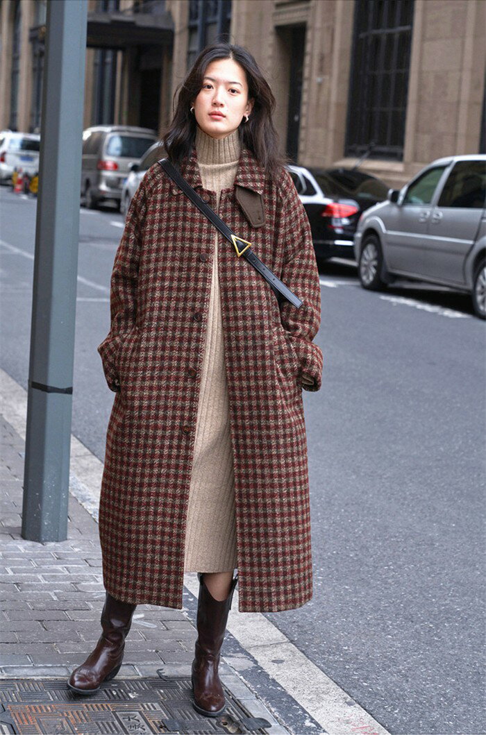 Turn-Down Collar Coat - 【2点600円割引】ステンカラーコート レディース 冬 ロング ロングコート チェック柄 女性 アウター 定番 おしゃれ ファッション 可愛い 大人 通勤 通学 普段着 秋冬 冬服 暖かい ハイネック 2way あったか 防風 防寒 厚手 カジュアル フードなし S M L d1401d7d7x0