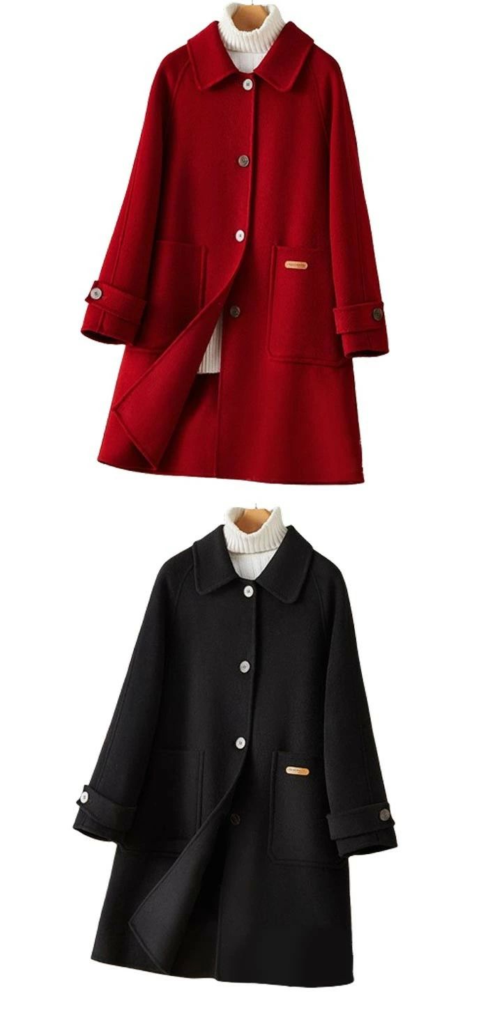 Turn-Down Collar Coat - 【2点600円割引】ステンカラーコート チェスターコート レディース コート 膝丈 アウター コート 韓国風 春秋 カジュアル シンプル 秋冬 防寒 可愛い あったか 綺麗な大人シルエット ブラック レッド S/M/L/XL/2XL d7089c0c0x0