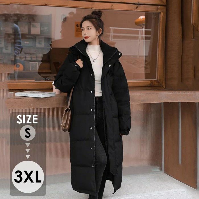 Down Coat - 【2点600円割引】ダウンコート レディース ロング aライン おしゃれ 超ロング 冬 ベンチコート ダウンジャケット フード付き スタンドカラー 着痩せ 撥水 大きいサイズ 黒ブラック 無地 厚手 防寒 ジップアップ アウター S M L XL 2XL 3XL de210zbzbx0