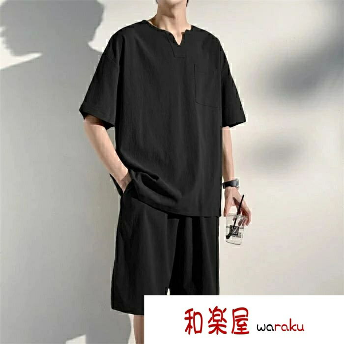 Short, Half Pants - 【2点600円割引】メンズ 夏 2点セット カジュアルセットアップ 半袖 上下セット 半袖シャツ 短パン 五分袖Tシャツ 五分丈パンツ 春夏 涼しい ゆったり 通気性よい 父の日 ギフト 無地 M-5XL