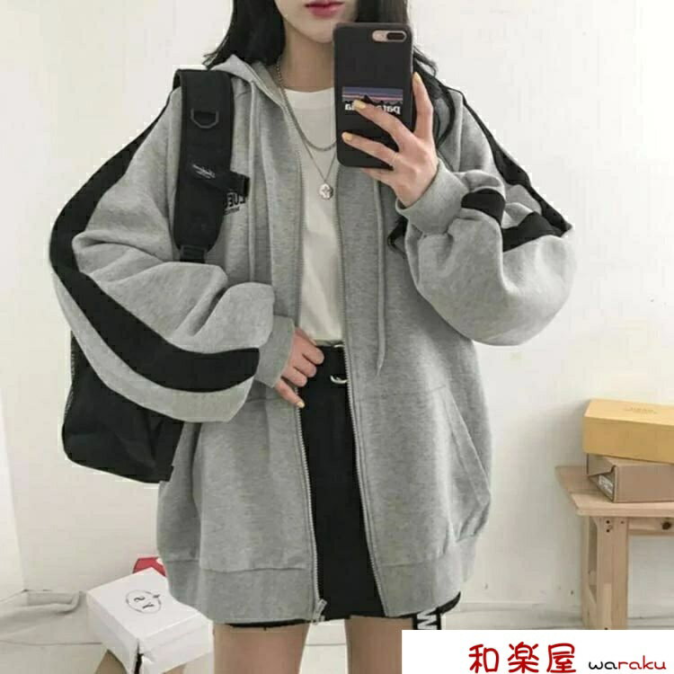 Rakuten - 【2点600円割引】フード付 長袖 春秋 アウター ゆったり 羽織 ゆったり 厚手 サイドライン パーカー ジップアップ 体型カバー アウター アウター