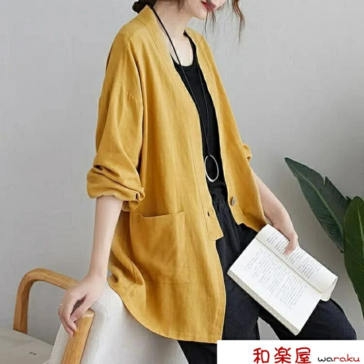 Rakuten - 【2点600円割引】リネン ジャケット ノーカラー ジャケット 綿麻 アウター 羽織り リネンジャケット サマースーツ サマージャケット オーバーサイズ 体型カバー ゆったり シンプル 無地