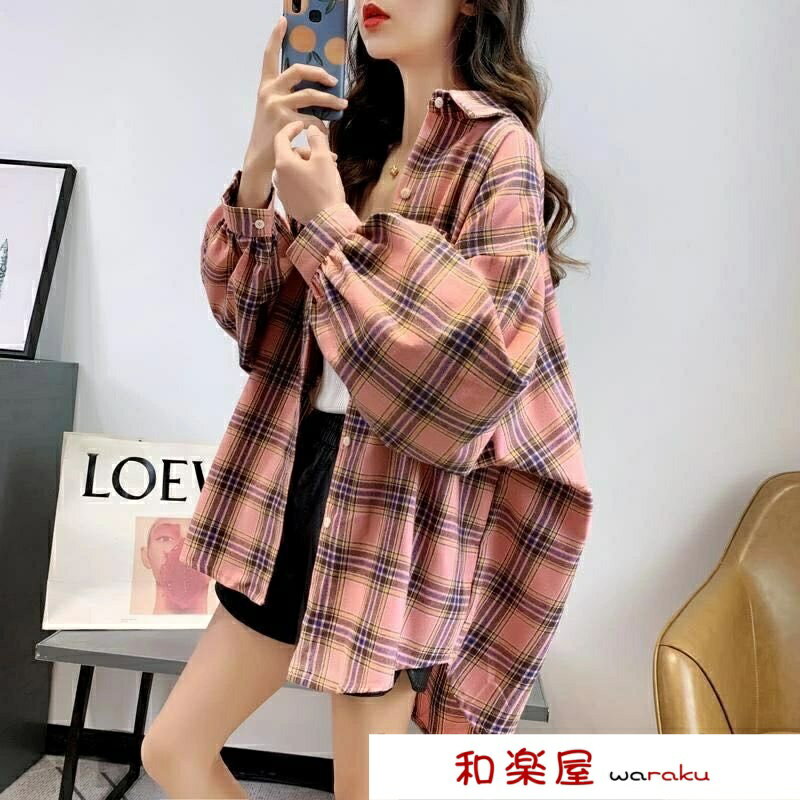 【2点600円割引】チェック柄 ゆったり 通勤 長袖 春秋レディース コート ロングシャツ(4.0)
