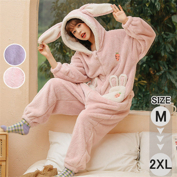 パジャマ レディース 冬用 長袖 ルームウェア 紫 うさぎ耳付き 兎耳 ロンパース 女子会 オールインワン..