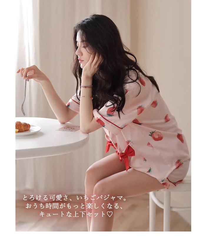 パジャマ レディース いちご柄 上下セット 半袖 前開き ルームウェア 可愛い リボン付き M L 2L 苺柄