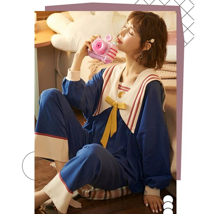 部屋着 パジャマ 上下セット 長袖 セーラー 寝間着 ポケット付き ルームウェア 春夏 コットン 女性 かわいい 大きいサイズ レディース 誕生日 ギフト 結婚祝い プレゼント dh298c0c0z7