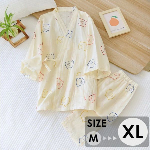 【2点600円割引】レディース ルームウェア パジャマ 寝巻き ガーゼ 浴衣 ガウン お風呂上がり 豚柄 前開き 夏素材 旅館 温泉 介護 通気性 涼しい 部屋着 お家時間 柔らかい 着心地いい プレゼント