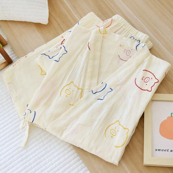 【2点600円割引】レディース ルームウェア パジャマ 寝巻き ガーゼ 浴衣 ガウン お風呂上がり 豚柄 前開き 夏素材 旅館 温泉 介護 通気性 涼しい 部屋着 お家時間 柔らかい 着心地いい プレゼント