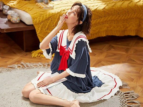 パジャマ ルームウェア ワンピース 夏 可愛い 大きい襟 リボン フリル セーラー風 プリンセス お姫様 ..