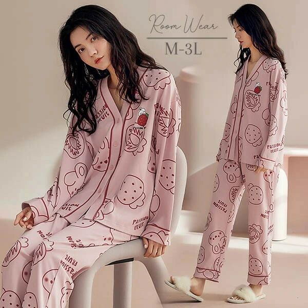 苺柄 新作 ルームウエア 上下セット 部屋着 イチゴ柄 春 長袖 かわいい 着心地よい パジャマ オシャレ 可愛い 上下セット レディース 女性 ゆったり 寝巻き 大きいサイズ