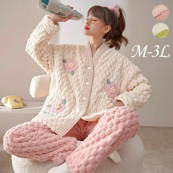 前開き 韓国 もこもこパジャマ レディース 暖かい フードなし モコモコ あったか 冬 かわいい 上下セッ..