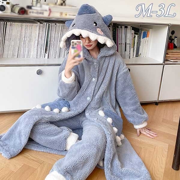 【2点600円割引】前開き 韓国 サメ柄 もこもこパジャマ レディース 暖かい フード付き モコモコ あったか 冬 かわいい 上下セット 長袖..