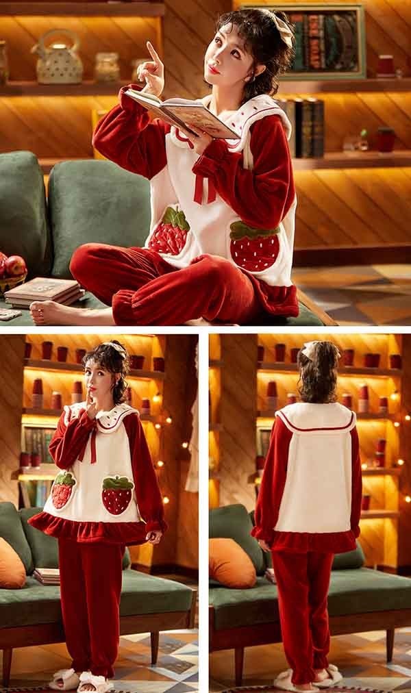 もこもこパジャマ レディース イチゴ柄 暖かい モコモコ 韓国 あったか 冬 かわいい 上下セット 長袖 ルームウェア 着る毛布 もこもこ パジャマ 部屋着 寝間着 おうち時間 女性用 ふわふわ プレゼント 結婚祝い