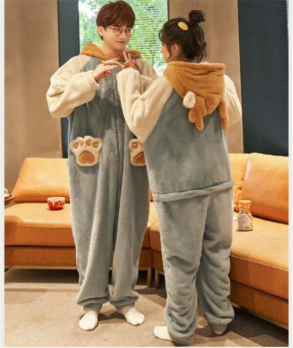 【2点600円割引】ペア パジャマ オールインワン シカ カップル 部屋着 冬 もこもこ ソフト 裏起毛 動物 アニマル 長袖 寝間着 ポケット付き 帽子付き ルームウェア かわいい レディース 冬用 あったか 誕生日 ギフト 結婚祝い プレゼント(4.0)
