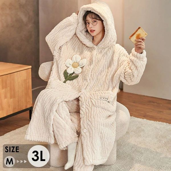お花 ナイトガウン もこもこ ルームウェア パジャマ 冬 長袖 着る毛布 前開き フード付き 寝巻き 部屋..