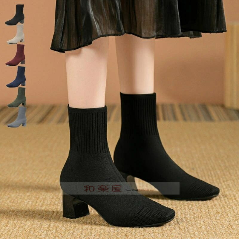【2点600円割引】ショートブーツ レディース ソックスブーツ ブーツ 韓国 秋 冬靴 伸縮性 ニット ブーツ ショートブーツ スクエアトゥ ストレッチ ショート 6センチヒール デザインヒール 太ヒール ブラック カーキ 柔らか 下ブーツ 防寒 母の日