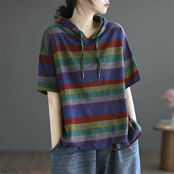 乐天商城 - レディース 半袖パーカー フード付きtシャツ Tシャツ トップス パーカー風 大きいサイズ プルオーバー カラフル カジュアルtシャツ 薄手 春服 夏服 女性 学生 ジュニア 通勤 通学 おしゃれ