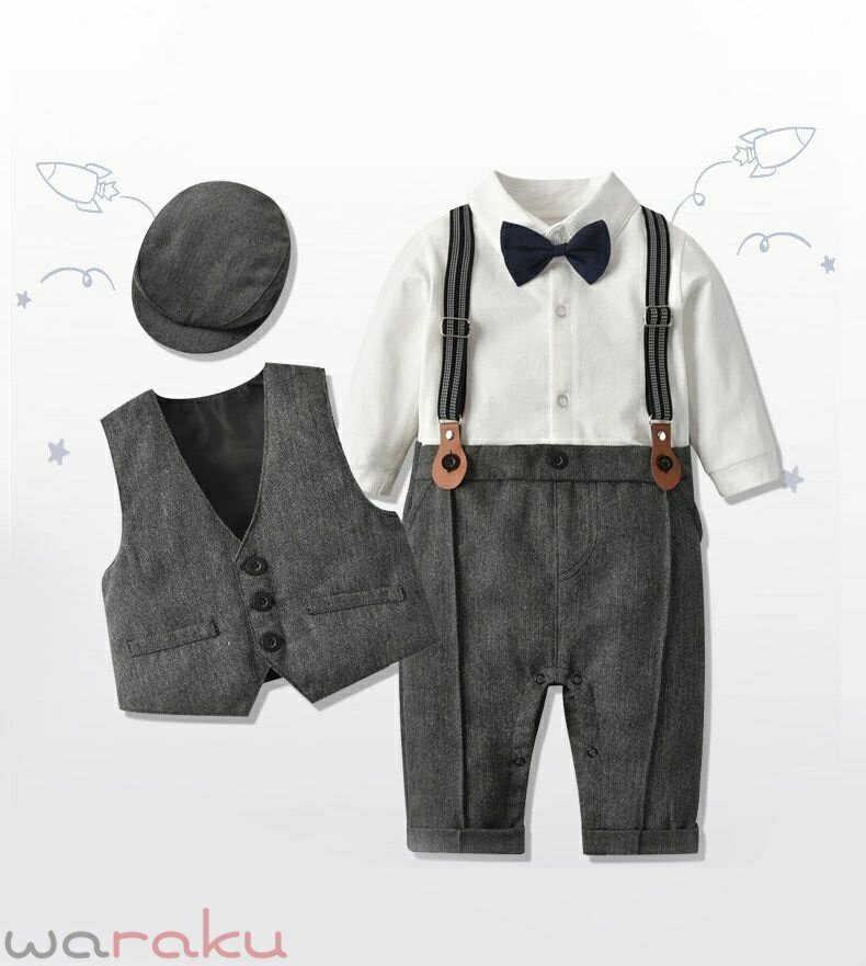 Rakuten - フォーマルスーツ ベビー服 男の子 3点セット 蝶ネクタイ付き 見せかけベスト ベビーフォーマル 赤ちゃん カバーオール フォーマル ロンパース 子供服 結婚式服 入園服 男の子 ォーマルスーツ 紳士スーツ ベビー フォーマル タキシード 普段着用 前あき/セレモニー/長袖/