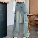 デニム カーゴパンツ レディース ワイドパンツ カーゴ ワイドデニム ジーンズ ジーパン 体型カバー ストレート ズボン ボトムス ゆったり ロングパンツ ハイウエスト ストリート ヒップポップ ダンスパンツ 春 秋