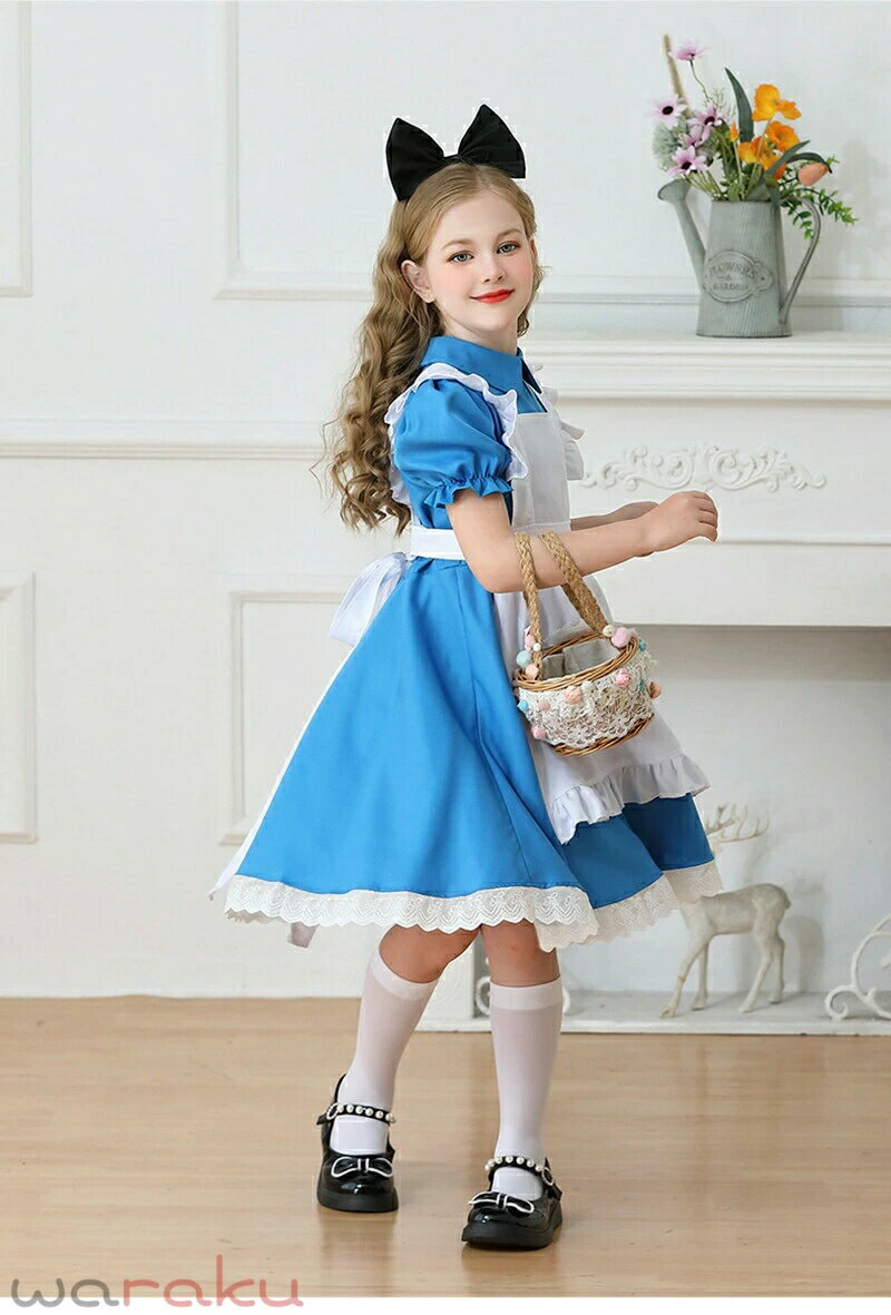 女の子 メイド服 4点セット コスプレ ワンピース ブルー ハロウィン 仮装 子供用 プリンセス ワンピース 仮装 ドレス 可愛い アイドル キャラクター アニメ 衣装 コスチューム フレンチ ガーリー 甘め 女の子 女性用 2025秋新作 3