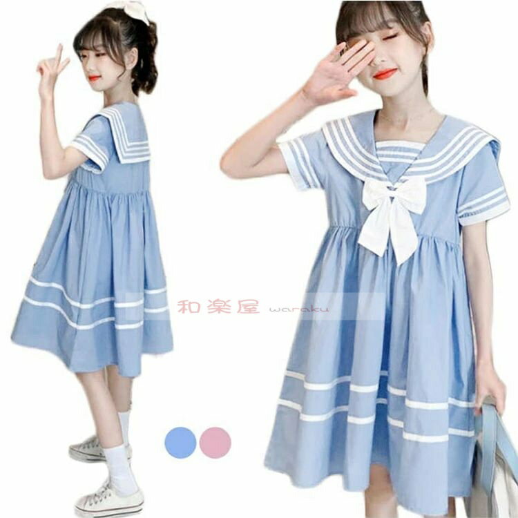 樂天商城 - 【2点600円割引】キッズ セーラー風ワンピース ワンピース 夏 学院 リボン付き 半袖 ゆったり 女子 高生セーラー服 制服 春夏 マリン風 シンプル カジュアル 子供服
