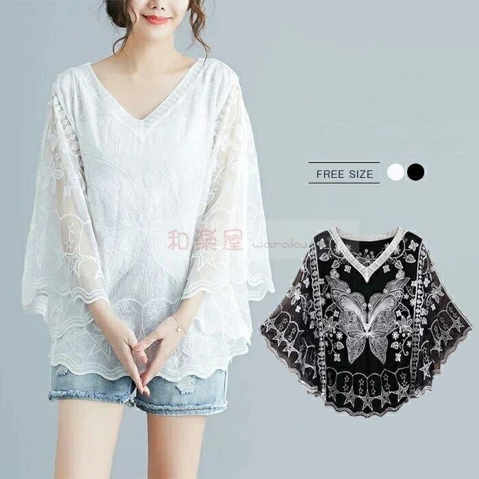 【2点600円割引】ブラウス レース シフォン Tシャツ tシャツ トップス レディース レースブラウス 刺繍 Vネック プルオーバー 花柄 おしゃれ 夏 ゆったり ドルマンスリーブ 夏 夏服 20代 30代 40代 50代 体型カバー 可愛い 大きいサイズ 海 ビーチ ボヘミアン風