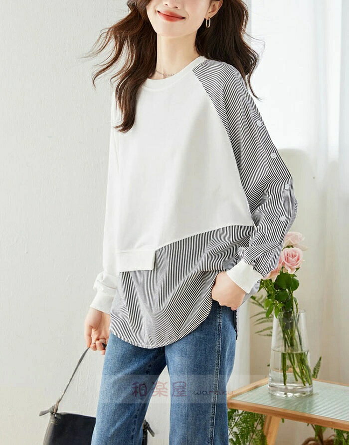 Rakuten - 【2点600円割引】カットソー レディース ロングT 長袖tシャツ スウェット 長袖 ストライプ柄 切替トップス 薄手 クールネック チュニック tシャツ パーカー プルオーバー ロング トップス 大きいサイズ チュニック 大人可愛い キレイめ 通勤 ロングパーカー 春 秋 冬