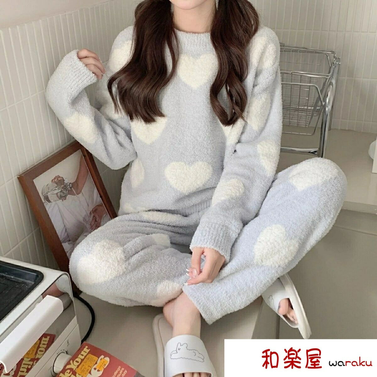 Long-Trousers, Trousers - 【2点600円割引】スーパー ルームウェア パジャマ レディース モコモコ 長袖 冬 上下セット かわいい 暖かい 長ズボン 部屋着 外出 大人 ふわふわ パーカー