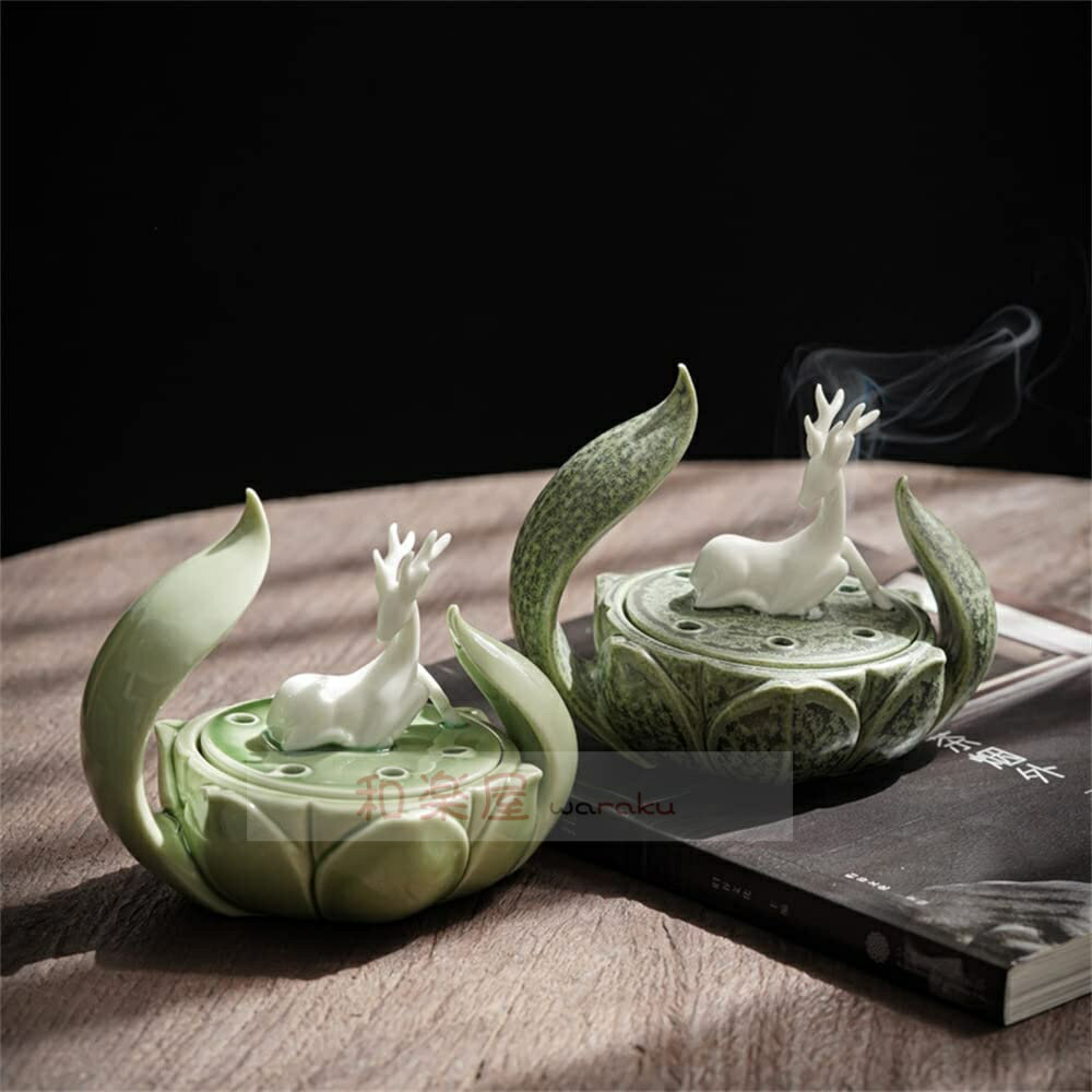 仏具 丸香炉 蓮花 お香立て 陶器 仏壇用香炉 香皿 アンティーク 鹿 香立 香立て 渦巻き線香用 禅 香道 ..