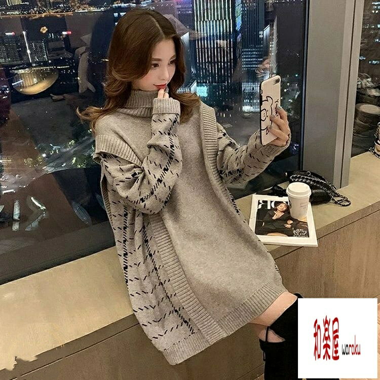 Rakuten - 【2点600円割引】ニットセーター レディース 秋冬 40代 長袖トップス チェック柄切り替えニットワンピース ハイネック ミディアム丈ニット プルオーバー ゆったりセーター 大人可愛い オシャレ