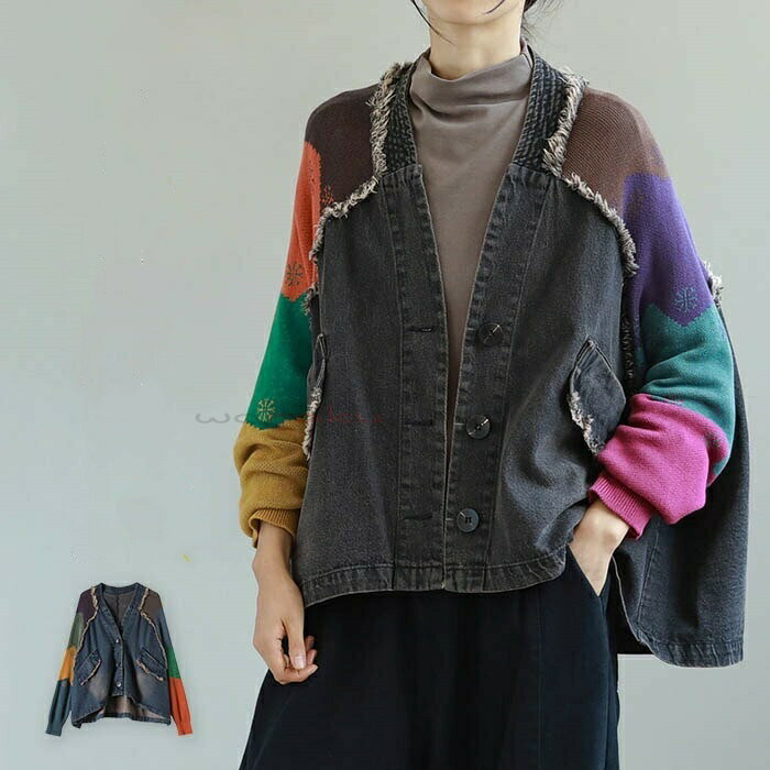 【2点600円割引】デニムジャケット ノーカラー レディース 春 秋 オーバーサイズ デニム ジャケット レディース ショート丈 切り替え 異素材 ニット ジャケット gジャン 長袖 ライトアウター 春コート 上着 春服 通勤 カジュアル ブリーチ加工 フリンジ 大人 30代 40代 50代