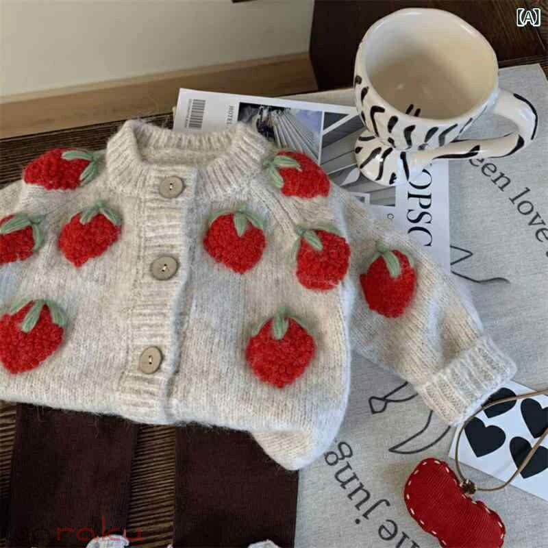 子供服 女の子 秋物ニットセットアップ ストロベリー柄 カーディガン 上下セット ...