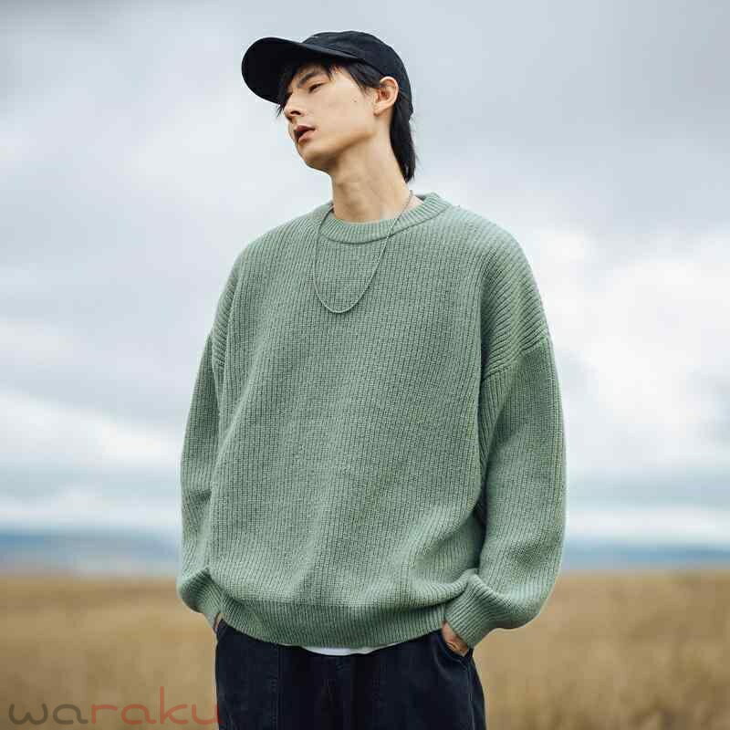 乐天商城 - ニット メンズ 秋冬 ニットトップス ルーズフィット クルーネック セーター レトロ 韓国風 カジュアル 普段使い リラックス ウェア ホワイト ブラック グリーン ベージュ パープル カーキ グレー ポリエステル