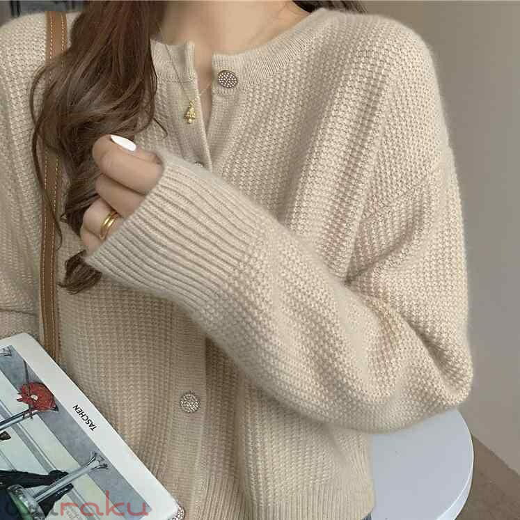 Rakuten - ニット カーディガン レディース 韓国風 ニット トップス ゆったりサイズ 杏色 ピンク イエロー パープル ライトブルー ブラック ホワイト ワインレッド ラウンドネック 長袖 ボタン留め 普段使い デート