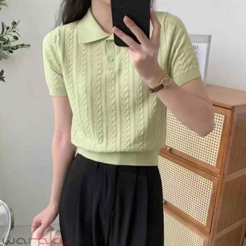 樂天商城 - Tシャツ レディース ノースリーブ ニット ポロネック 接触冷感 トップス 春夏 薄手 サマーニット カットソー 無地 きれいめ 上品 かわいい ブラック ホワイト ピンク グリーン イエロー