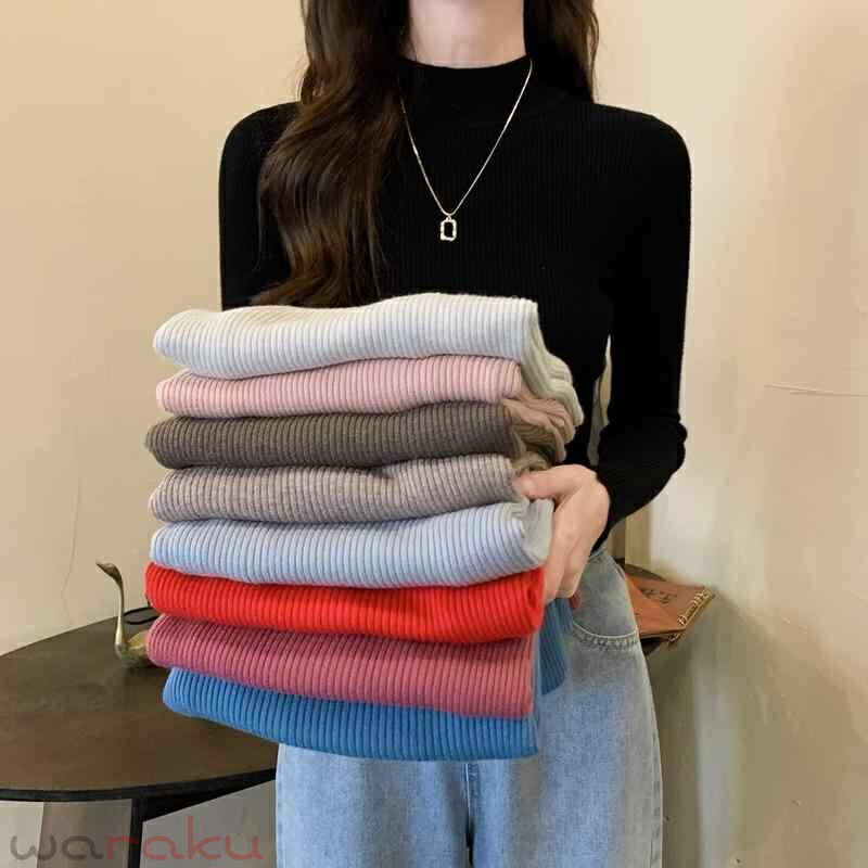 樂天商城 - ニット レディース 秋冬 ハーフネック 長袖 インナー リブニット トップス タイト 無地 きれいめ シンプル ブラック ホワイト ベージュ カジュアル 普段使い 通勤 オフィス