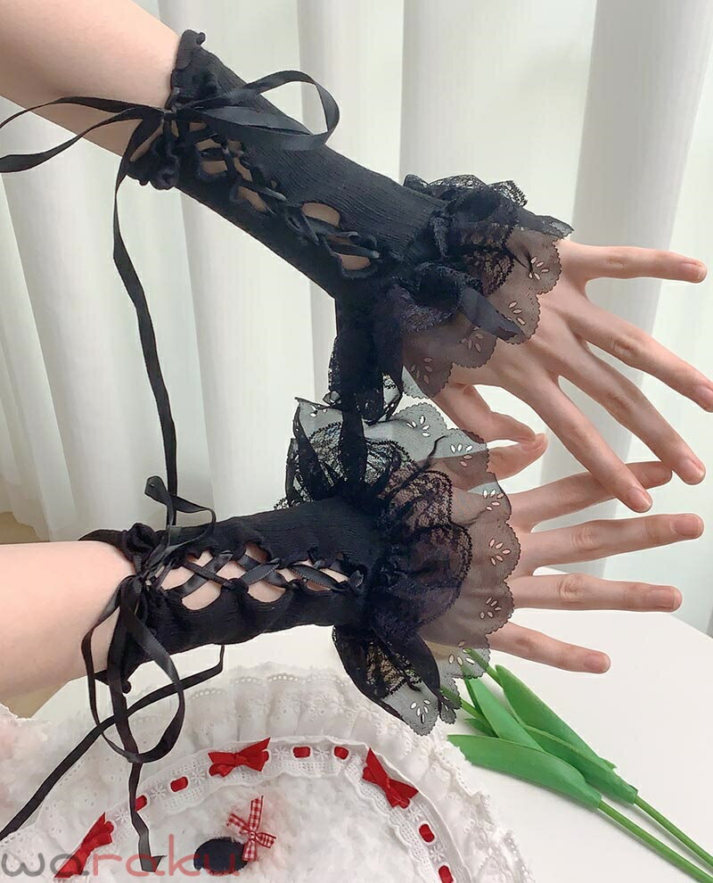 送料無料 リブ編み上げ アームグローブ レース付きショートグローブ ロリータ アームカバー アームウォーマー 手袋 フィンガーレスグローブ 付け袖 レースアップ パーティー アームスリーブ ライブ 衣装 衣裳 腕カバー レディース 黒 白 発表会 楽天海外通販