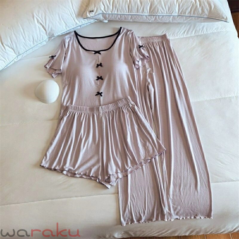 Rakuten - 送料無料 モダール パジャマ レディース ルームウエア 3色展開 夏服 半袖・ショートパンツ・ロングパンツ 上下3点セット セクシー 薄手 固定パッド付き ホームウェア カジュアル シンプル 柔らかい お洒落 M LXL XXL 楽天海外通販
