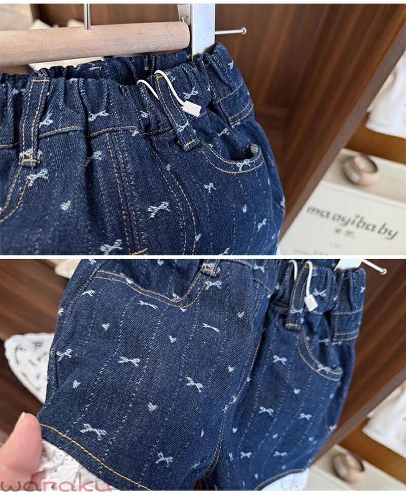 送料無料 ベビーショートパンツ ジーンズ リボンショートパンツ 女の子 デニム パ...
