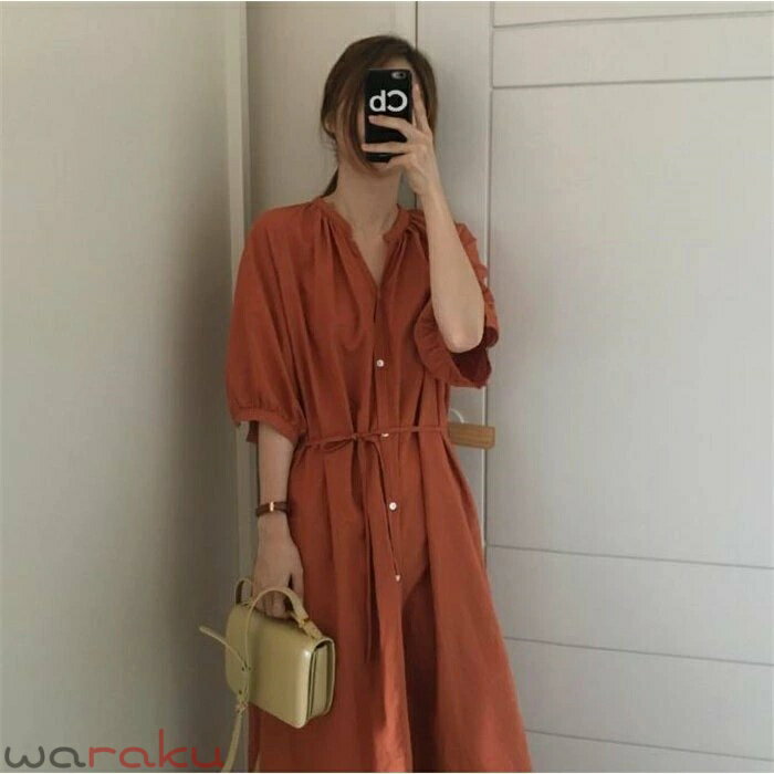 Maternity - マキシワンピース　シャツワンピース　レディース ロング丈 5分袖 着痩せ　春 夏 秋 冬ナチュラル オレンジ グリーン 体型カバー
