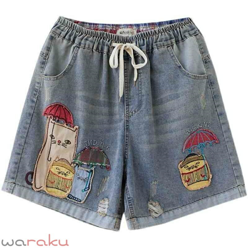 Free shipping! High-waisted denim shorts for women. Perfect for spring and summer. Available in plus sizes. Features embroidery, elastic waistband, cute, stylish, casual, street style, lightweight, simple, and plain.