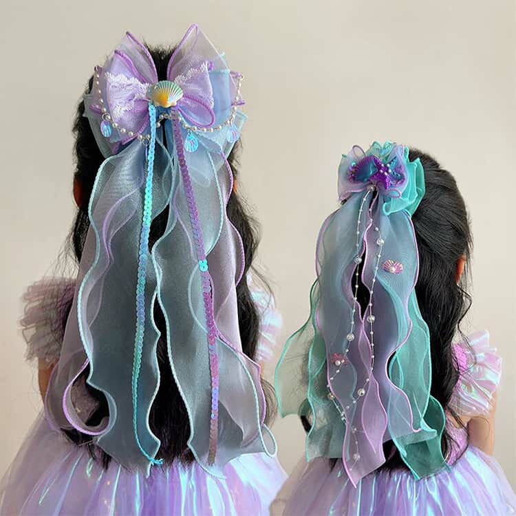 ロングリボン 2/3/4個セット 女の子 リボン ヘアクリップ マーメイド 髪飾り キッズ 髪留め プリンセス ヘアアクセサリー ヘアピン リボン 2/3/4個セット オーガンジー風 可愛い 卒園式 入学式 卒業式 3
