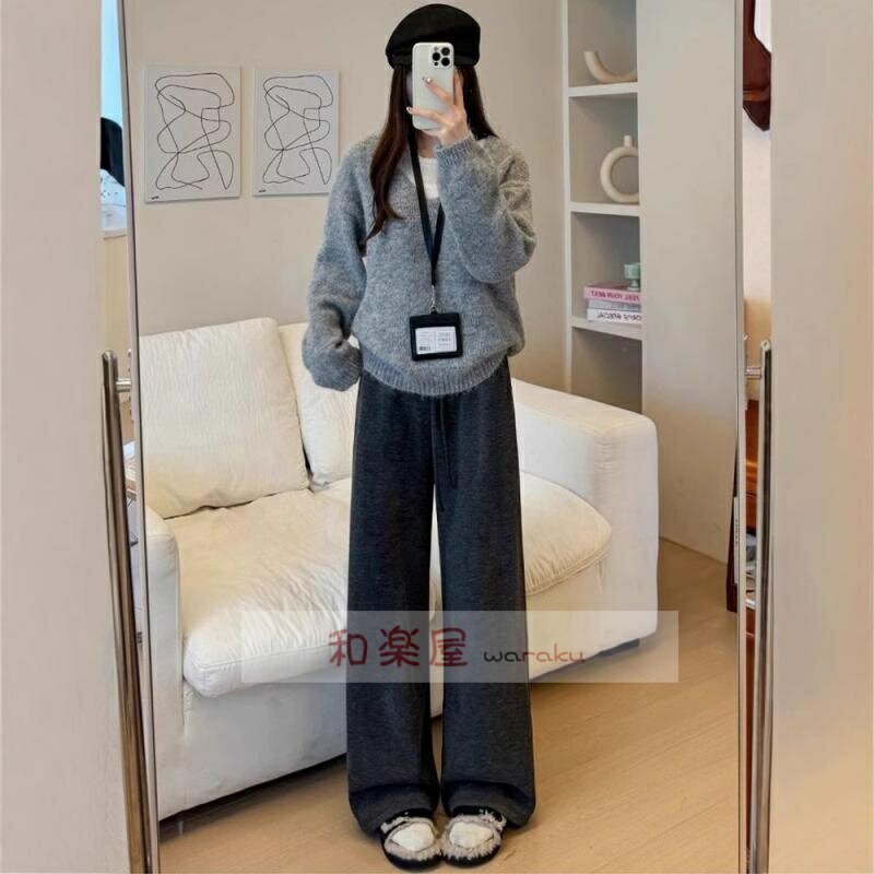 パンツ レディース 秋冬 小柄 高身長 ワイドレッグパンツ 裏起毛 リラックス イージーパンツ ズボン 高見え 韓国風 ファッション 深灰色