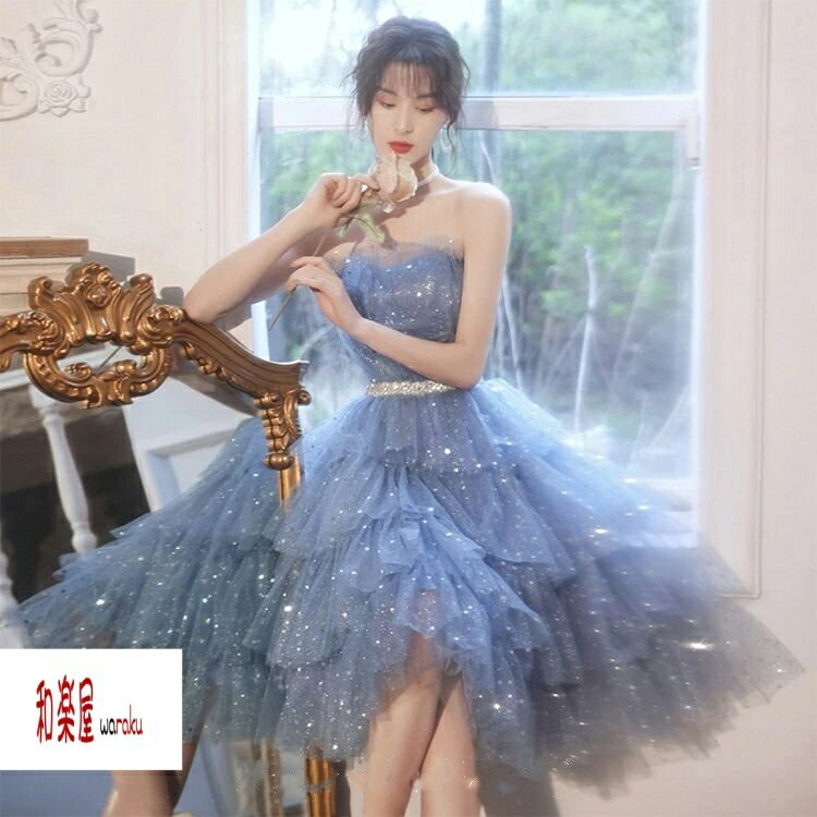 パーティードレス ブルー スパンコール キラキラドレス プリンセスドレス 誕生日 成人式ドレス ビスチェドレス 膝丈 結婚式ドレス 二次会ドレス お呼ばれドレス ノースリーブ ミモレ丈 20代 30代