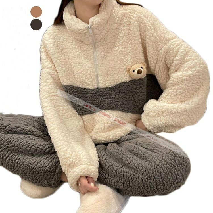 防 ゆったり 厚手 秋冬 パジャマ 部屋着 ハイネック パーカー ハーフジップ プルオーバー 上下セット ..