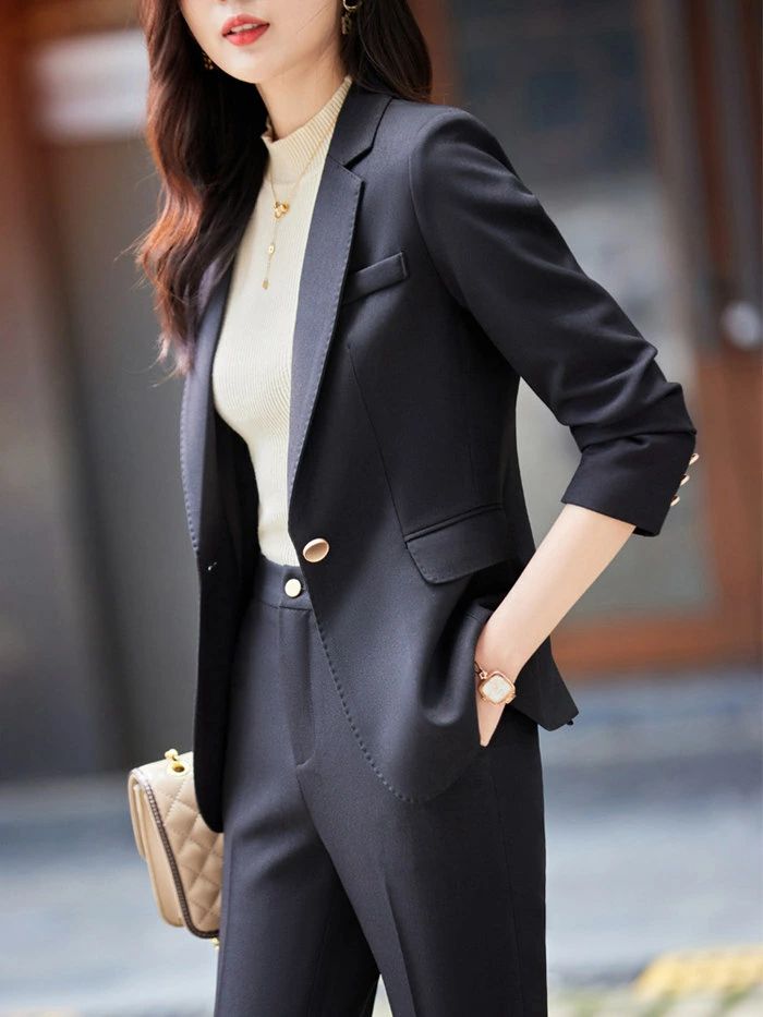 Pants Suit - 【2点600円割引】パンツスーツ 2点セット セットアップ ビジネススーツ レディース 春物お呼ばれ 着痩せ 長袖通勤スーツ セレモニースーツ ショート丈ジャケット スーツ パンツドレス 上下セット スーツ オールシーズンスーツ フォーマル リクルート OL 大きいサイズ