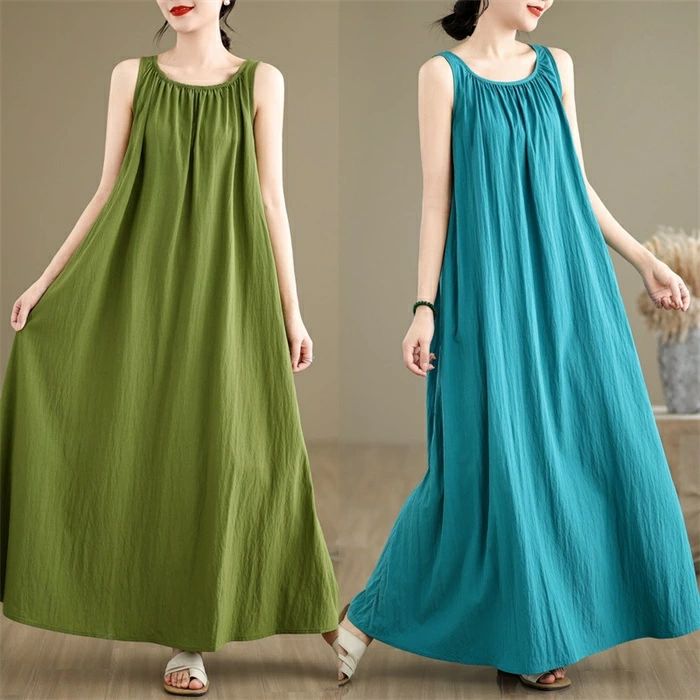 Sleeveless - 【2点600円割引】ワンピース ノースリーブ レディース 夏 リゾート ワンピース ギャザー ロング ワンピース ロング丈 ワンピ 袖なし 無地 フレア マキシ丈 マキシワンピース ゆったり 体型カバー 大きいサイズ シンプル おしゃれ きれいめ 海 旅行 ビーチ